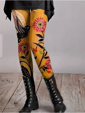 Floral Bird Print - Leggings